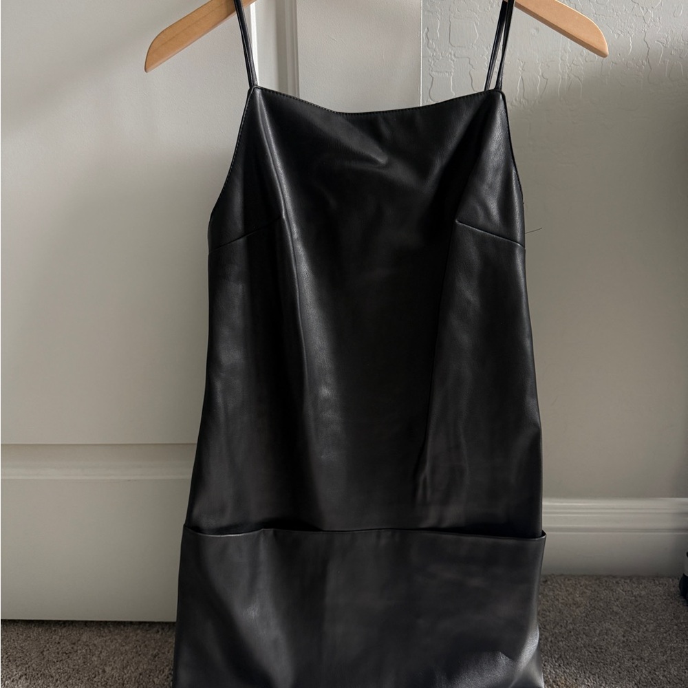 STAUD Black Faux Leather Mini Slip Dress